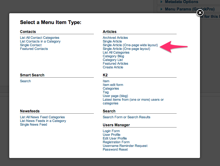 One-page menu item type